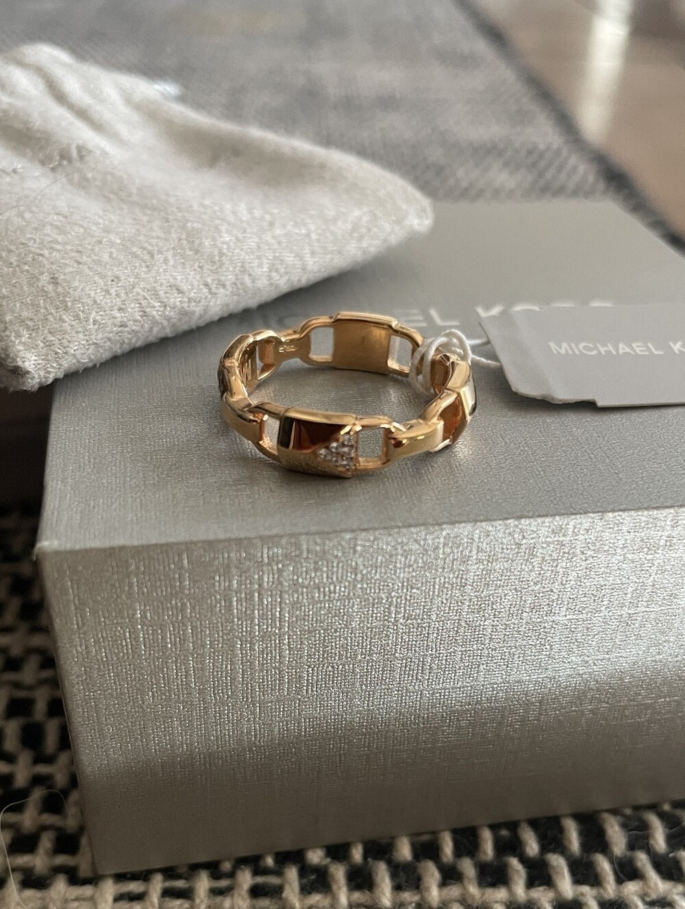 Michael Kors Gold Chain Link Ring with Pavé Detail
